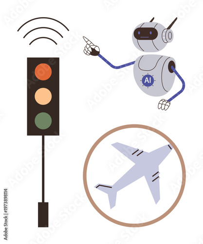 Artificial intelligence, automation, transportation, robotics, smart systems, decision-making. Robot with AI symbol, traffic signal and airplane. Artificial intelligence and automation concept