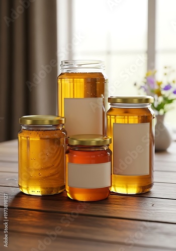 Golden Honey Jars - A Sweet and Natural Treat on Wooden Table.