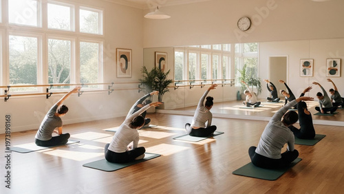 Yoga Class in a Bright Studio - People Practicing Stretching Exercises.