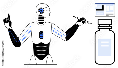 Artificial intelligence, medicine, science, robotics, innovation, pharmaceutical research, and technology. A robotic figure with a battery icon holds a tool near a bottle and digital interface. AI
