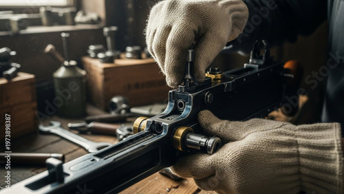 Close-up of a person assembling a mechanical device with precision and care in a workshop setting.