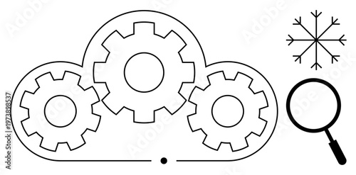 Cloud computing. Gears optimization within cloud systems, paired with a magnifying glass for analysis, and a snowflake denoting storage diversity. For cloud solutions, technology, data management