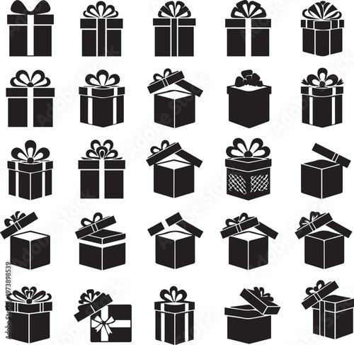 Collection of various gift box styles with decorative ribbons and bows for holiday presentation