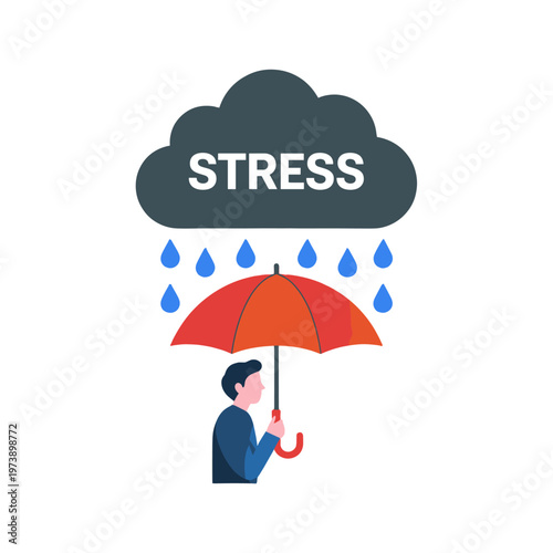A person sheltering under an umbrella from the rain, symbolizing stress.