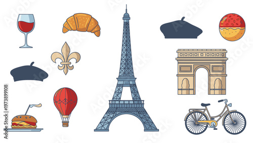 Collage of iconic Parisian symbols including Eiffel Tower, Arc de Triomphe, bicycle, food, and drink on a white background with a mix of colorful illustrations.