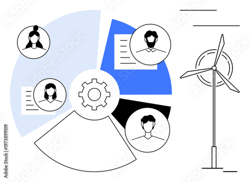 Renewable energy, teamwork, sustainable development, clean energy, resource management, energy efficiency. Circular diagram with profiles and gear, wind turbine on the right. Renewable energy