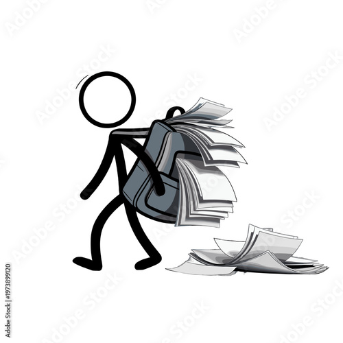 Overwhelmed: Stick Figure Struggle with Papers.