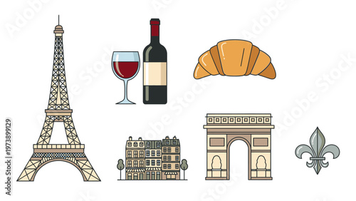 Flat lay illustration of iconic French symbols including Eiffel Tower, wine, croissant, Arc de Triomphe, fleur-de-lis, and Parisian building on white background with vibrant colors.