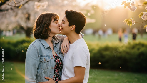 Romantic Kiss in the Park - A Tender Moment of Love and Affection.