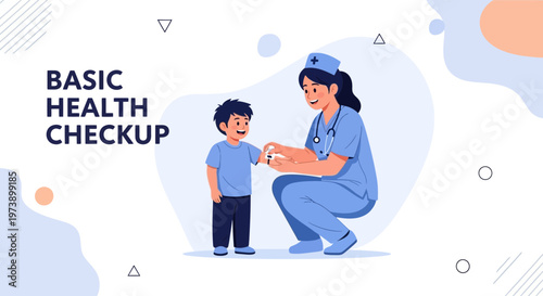 Nurse performs basic health checkup on a child, illustration