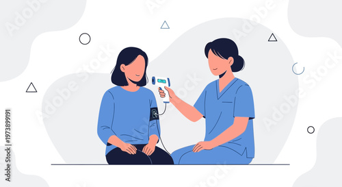 Nurse checking patient's temperature with infrared thermometer, medical checkup
