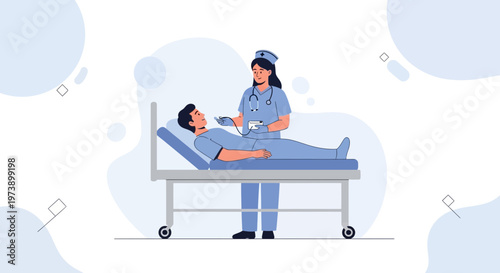 Nurse Examines Patient Lying in Hospital Bed, Medical Care Illustration