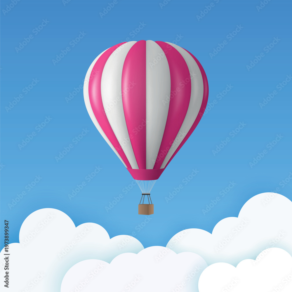 Fototapeta premium Vector Travel Banner with 3d Realistic White and Pink Hot Air Balloon Icon on a Blue Sky Background. Design Template, Summer Vacation, Travelling, Tourism and Journey Concept