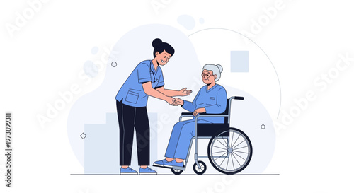 Nurse helping elderly woman in wheelchair, healthcare, medical assistance, home care concept