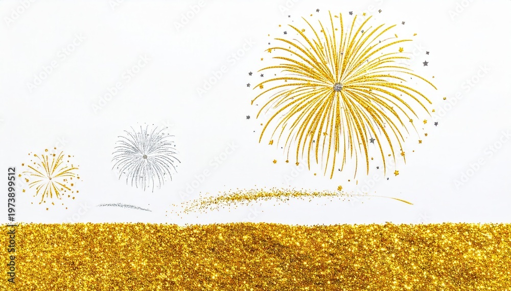Obraz premium Illustration festive avec des feux d'artifice dorés et argentés éclatant au-dessus d'une ligne d'horizon en paillettes d'or sur fond blanc.