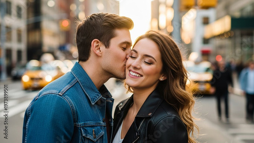 Romantic Moment - A Couples Kiss Amidst the Bustling City Streets.