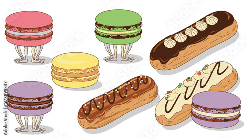 Illustration of assorted colorful pastries including eclairs and macarons on small glass stands against a white background with a playful and sweet mood.