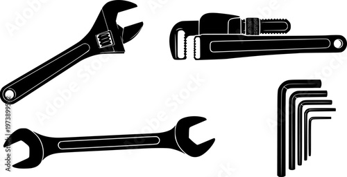 Various black silhouette hand tools and wrenches, including adjustable, pipe, combination, and hex keys, presented in a clean, graphic style
