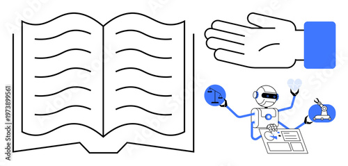 Education, AI-powered assistance, accessibility, human-robot interaction, technology in learning, future innovation. Open book, hand robot holding objects. Education and AI-powered assistance