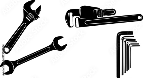 Various black silhouette hand tools and wrenches, including adjustable, pipe, combination, and hex keys, presented in a clean, graphic style
