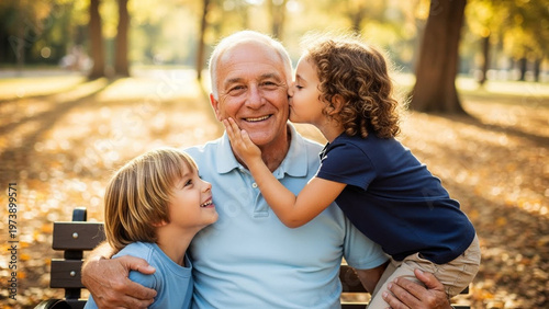 Joyful Grandfather Receives Kisses from Grandchildren in a Sunny Park Setting.