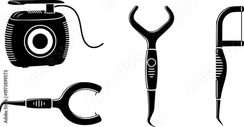 Hand-drawn dental floss and flosser pick icons in a black ink sketch style, a collection of six different oral hygiene tools for teeth cleaning and healthcare concepts