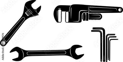 Various black silhouette hand tools and wrenches, including adjustable, pipe, combination, and hex keys, presented in a clean, graphic style
