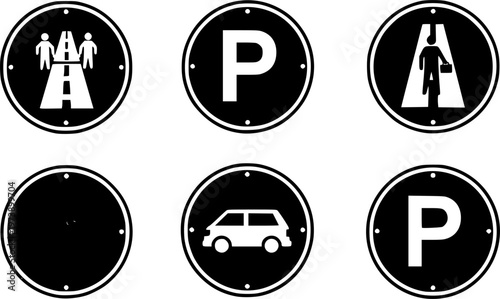 Collection of six colorful circular road and parking signs includes symbols for no entry, time limits, disabled access, electric charging, no towing, and paid parking.