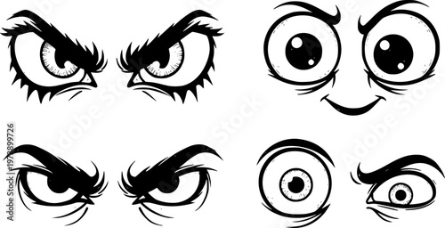 Hand-drawn black ink monster cartoon eyes set with various spooky, evil, and funny expressions in a rough grunge doodle style illustration for creative design elements