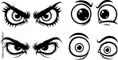 Hand-drawn black ink monster cartoon eyes set with various spooky, evil, and funny expressions in a rough grunge doodle style illustration for creative design elements