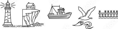 Set of six nautical themed line icons featuring a lighthouse, a house on a cliff, a fishing boat, a seagull, an ocean wave, and a pier, all in a simple minimalist outline style
