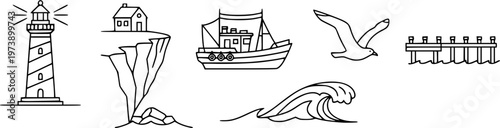Set of six nautical themed line icons featuring a lighthouse, a house on a cliff, a fishing boat, a seagull, an ocean wave, and a pier, all in a simple minimalist outline style