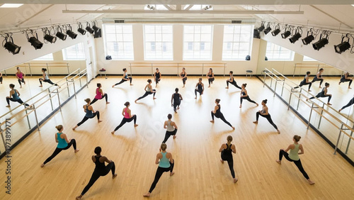 Group fitness class in a bright studio with people stretching and exercising at the barre.
