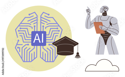 Education, AI learning, innovation, robotics, modern teaching, knowledge sharing. Robot holding a tablet, symbol of AI with graduation cap. Education and AI learning concept