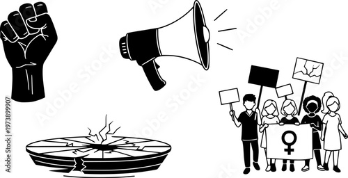 Protest and activism line art icon set representing feminism, social justice, and revolution with symbols like a raised fist, megaphone, and broken glass ceiling