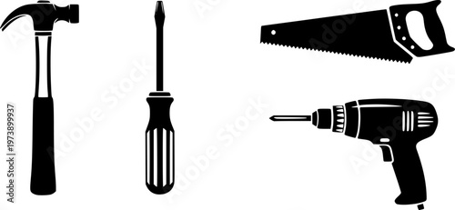 Black silhouette icons of various construction tools, including a hammer, screwdriver, saw, and drill, presented in a clean, minimalist graphic style
