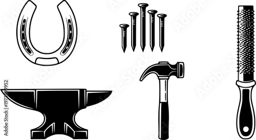 Blacksmithing and farrier tools icon set featuring a horseshoe, nails, anvil, hammer, and rasp in a clean, minimalist black line art style for graphic design concepts
