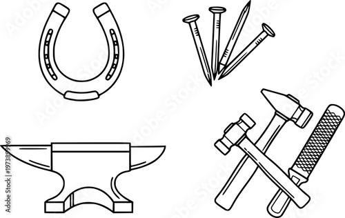 Blacksmithing and farrier tools icon set featuring a horseshoe, nails, anvil, hammer, and rasp in a clean, minimalist black line art style for graphic design concepts