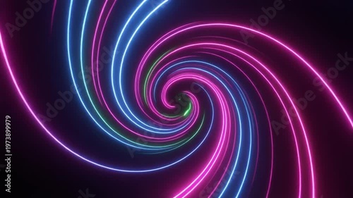Abstract neon spiral tunnel with bright colorful lines on black background
