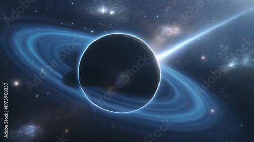 Cosmic black hole illustration with bright energy stream and ring