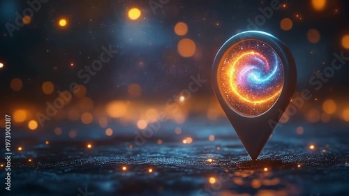 Abstract glowing pinpoint with swirling energy on dark surface