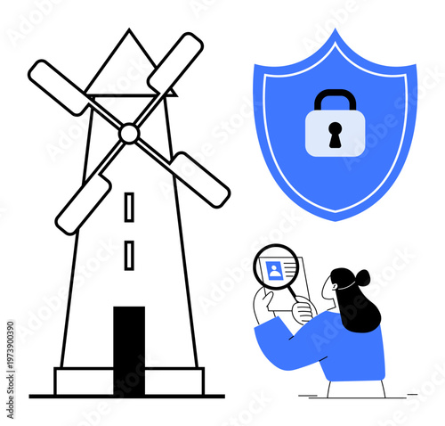 Data protection concept. Data security highlighted with a shield and lock, identity verification with a magnifying glass, and a windmill sustainable innovation. For cybersecurity, identity