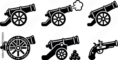 Black and white vintage cannon and pistol icons set with cannonballs and smoke