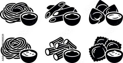 Six pasta shapes with dipping bowls in flat design