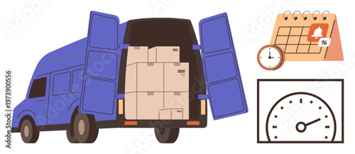 Logistics, shipping, time management, delivery efficiency, transportation, schedule planning. Van loaded with boxes, calendar clock speedometer. Logistics and shipping services illustrated