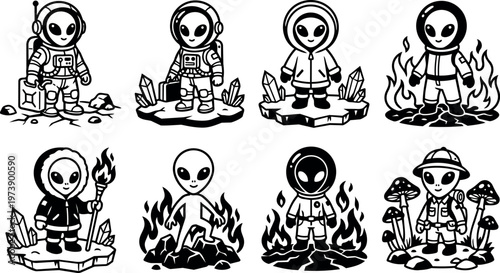 Black and white alien astronauts and explorer characters standing on rocks with crystals fire and mushrooms