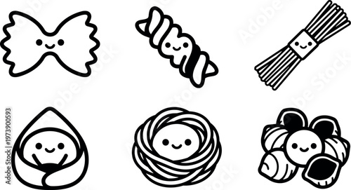 Cute black and white pasta doodles with faces in vector art style