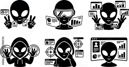 Black alien with digital data charts and virtual interfaces in futuristic vector art