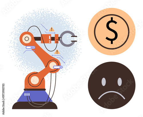 Automation challenges, robotics in industries, technology costs, emotional response, economic transitions, productivity shifts. Robotic arm with alert symbols, dollar icon sad face. Automation