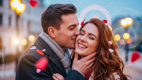 Romantic moment - A man kisses a woman on the cheek, celebrating love and affection outdoors.